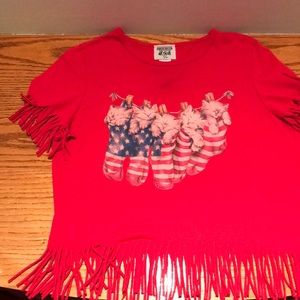 Spoiled Rotten U.S.A. Fringed T-shirt with kittens in flag socks medium.